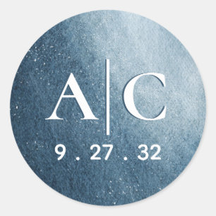 Night Sky Stars Navy Blue White Initials Classic Round Sticker