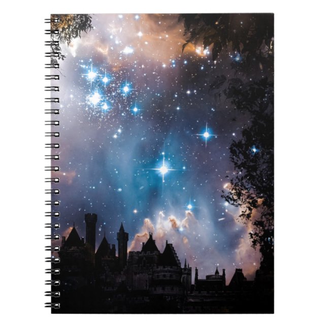 Night Sky Stars Tree Castle Notebook (Front)