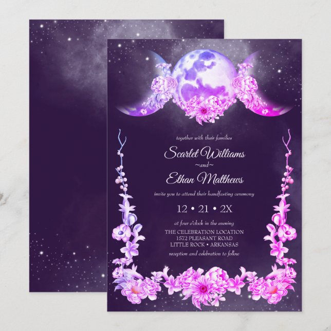 Night Sky Triple Moon Phases Purple Handfasting Invitation (Front/Back)