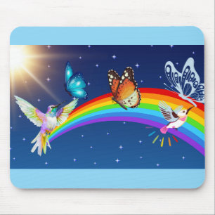 Night Sky, Two Birds, Butterflies, and a Rainbow Mouse Mat