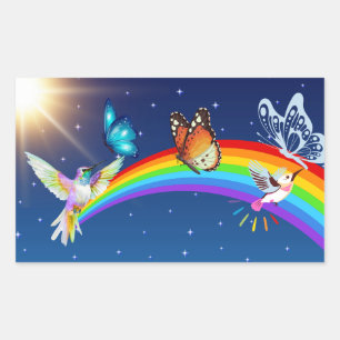 Night Sky, Two Birds, Butterflies, and a Rainbow Rectangular Sticker