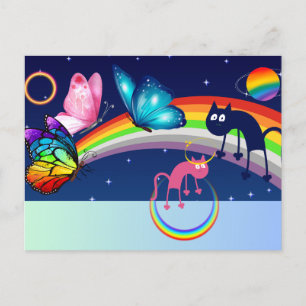 Night Sky, Two Cats, Butterflies, and a Rainbow Announcement Postcard