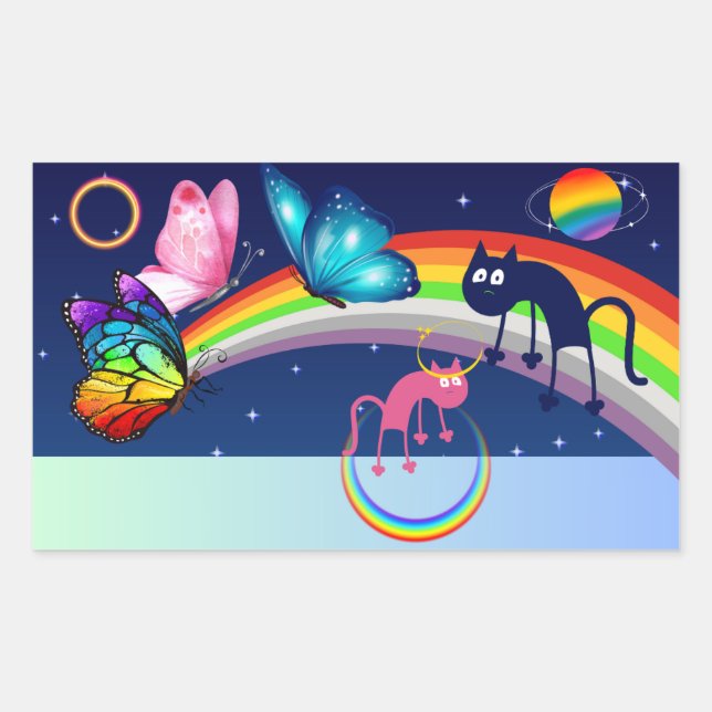 Night Sky, Two Cats, Butterflies, and a Rainbow Rectangular Sticker (Front)