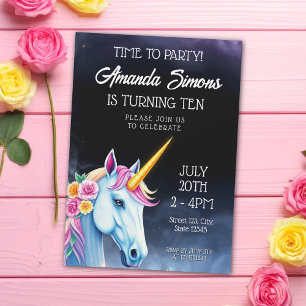 Night Sky Unicorn Floral Rose Girl 10th Birthday Invitation