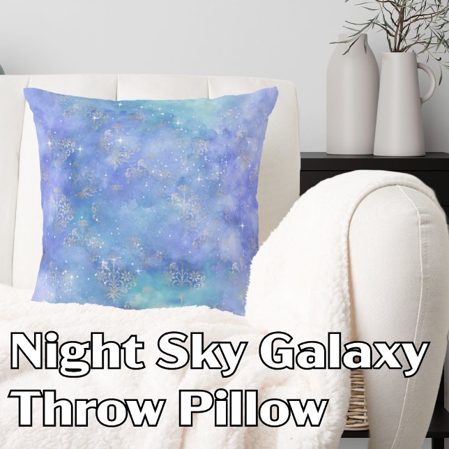 Night Sky Watercolor Galaxy Purple Blue Silver Cushion (Night Sky Galaxy Purple Blue Silver Groovy abstract Throw Pillow)