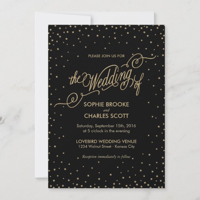 Night Sky with Gold Stars Fancy Wedding Invitation (Front)