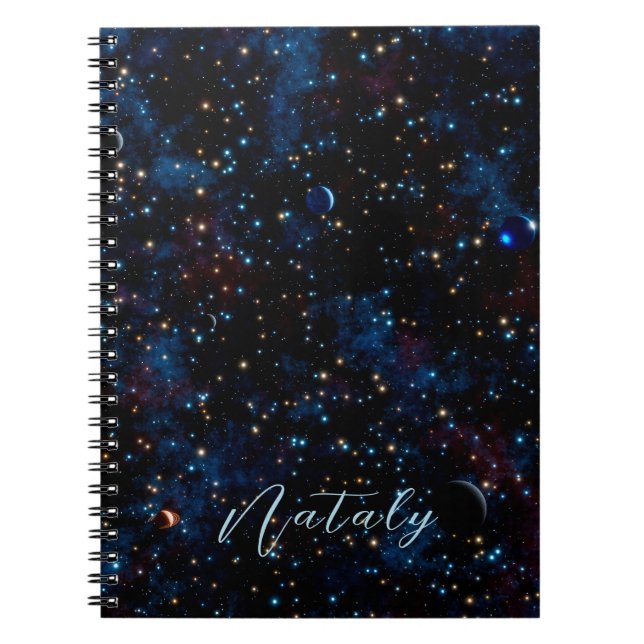 Night sky with stars and planets personalized notebook (Front)