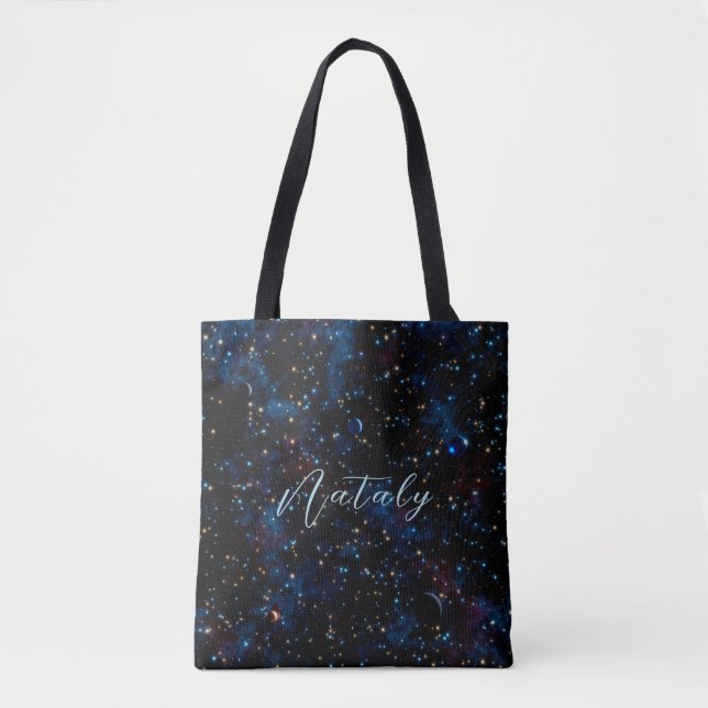 Night sky with stars and planets personalized tote bag (Front)