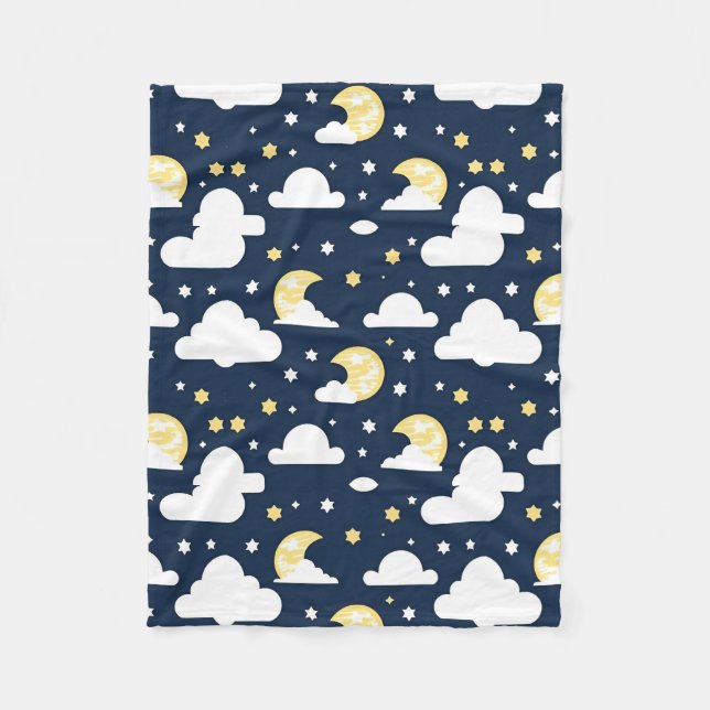 Night Sky with Stars, Moon and Clouds Fleece Blanket (Front)