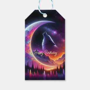 Night sky Wolf howl crescent moon Birthday Gift Tags