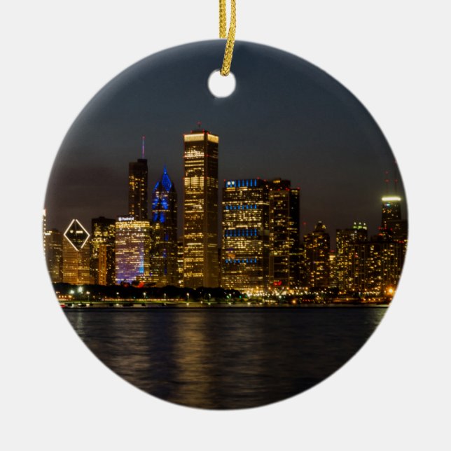 Night Skyline Chicago Pano Ceramic Tree Decoration (Front)