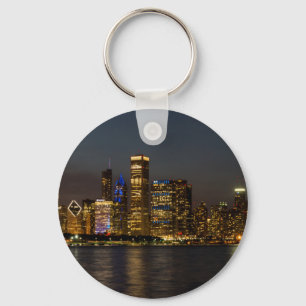 Night Skyline Chicago Pano Key Ring