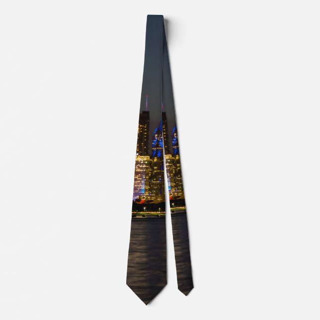 Night Skyline Chicago Pano Neck Tie (Front)