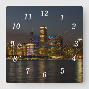 Night Skyline Chicago Pano Wall Clock