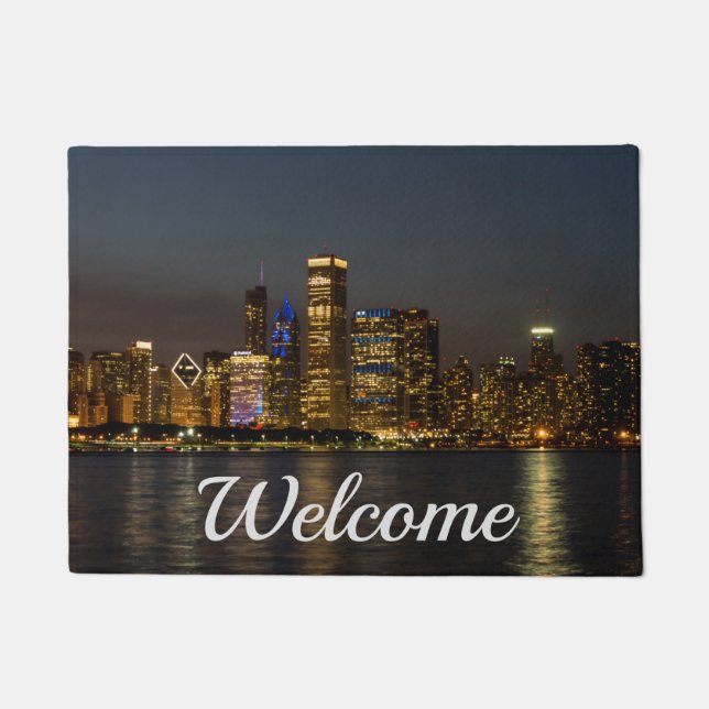 Night Skyline Chicago Pano Welcome Doormat (Front)