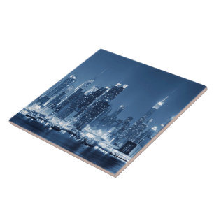 Night Skyline Manhattan Panoramic View Tile