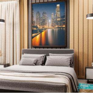 Night Skyline with Full Moon: Digital Painting on Canvas Print
