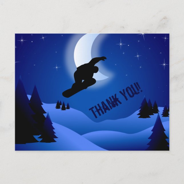 Night Snowboarding Mountain and Moon Thank You Postcard (Front)