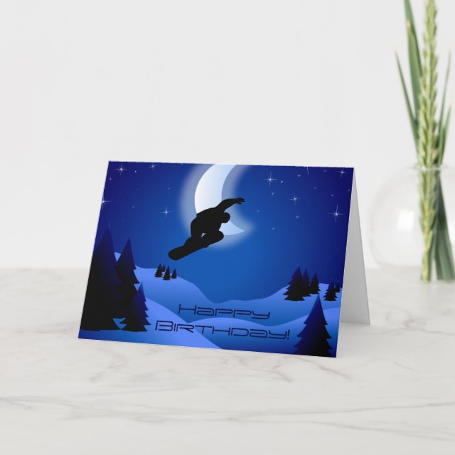 Night Snowboarding Mountain Moon Happy Birthday Card (Front)