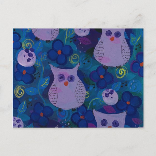 Night Song with Owls, Blue Postcard (Front)