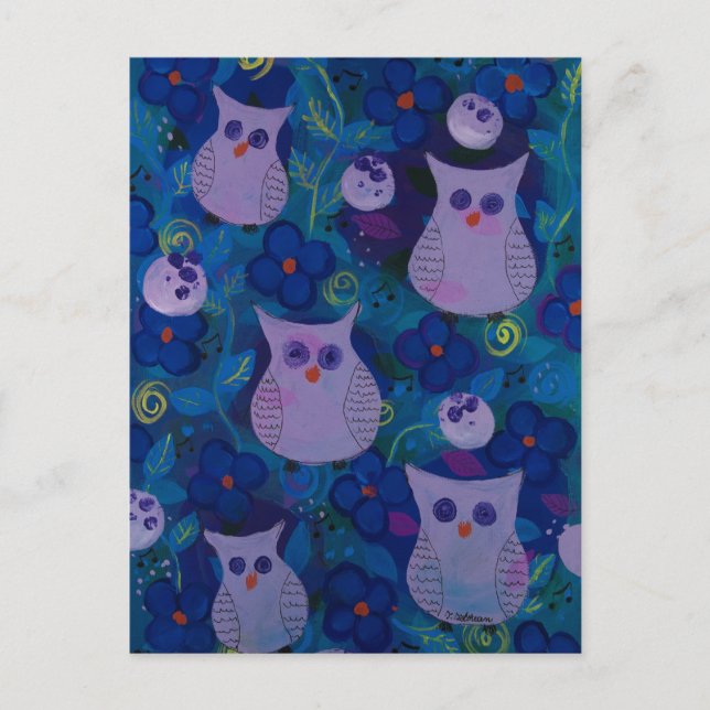 Night Song with Owls, Blue Postcard (Front)