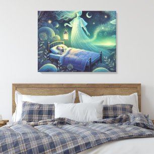 Night Spirit with Lantern Over Sleeping Child Canvas Print