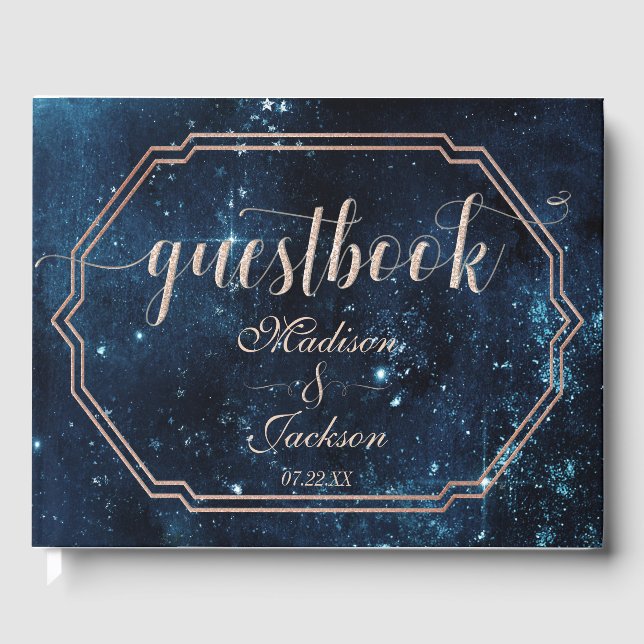 Night Star Sky Celestial Galaxy Wedding Monogram Guest Book (Front)