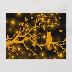 Night Stargazing Cat on a Tree Branch  Postcard