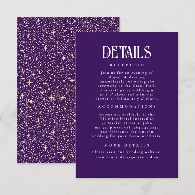 Night Stars Dark Purple Wedding Details Enclosure Card (Front/Back)