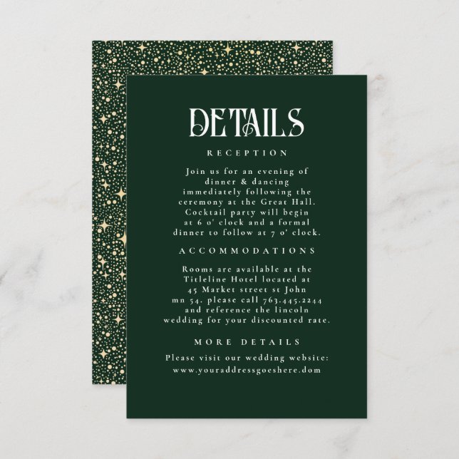 Night Stars Emerald Green Wedding Details Enclosure Card (Front/Back)