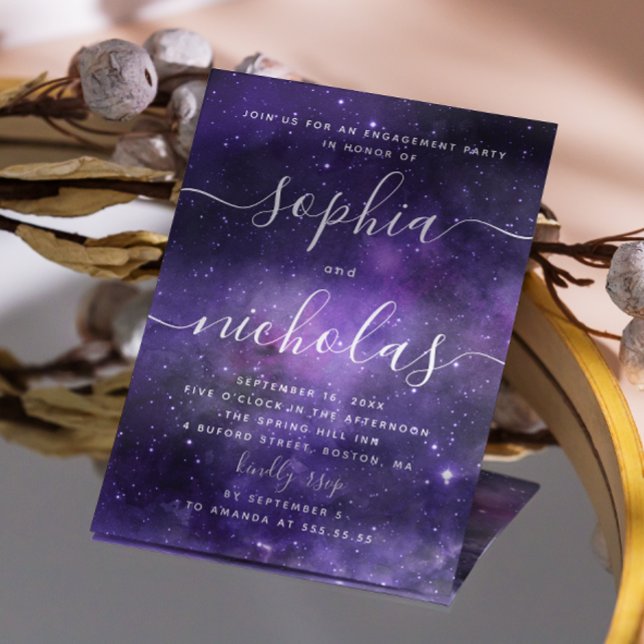 Night stars. Purple space script engagement party Invitation (Creator Uploaded)