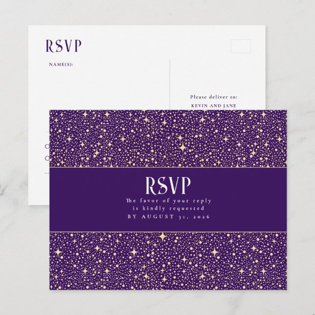 Night Stars Purple Wedding RSVP Postcard (Front/Back)