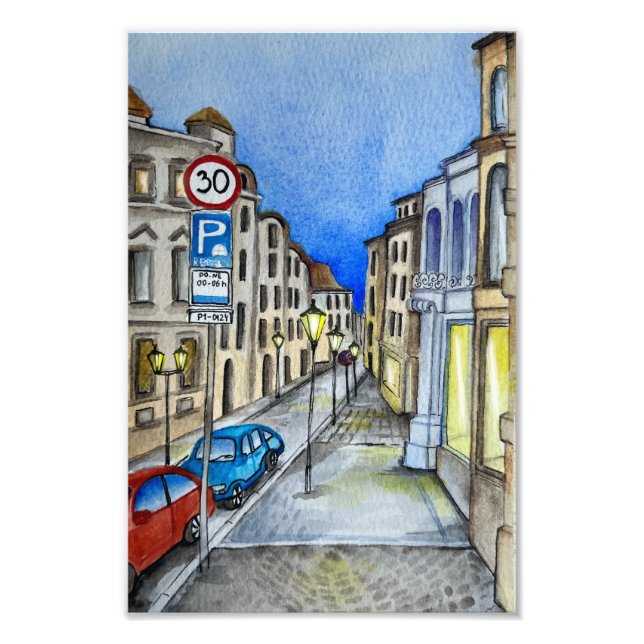 Night street of Prague, watercolor Photo Print (Front)