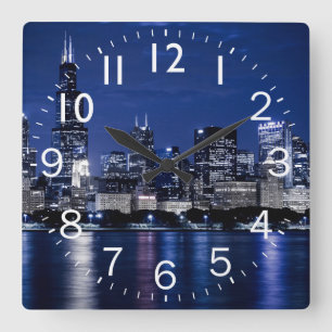 Night Time Chicago scene Square Wall Clock