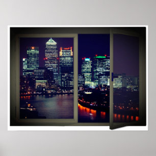 Night Time City View Fake Window Poster