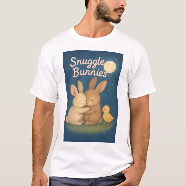 Night time scene of two cartoon style bunnies  T-Shirt (Front)