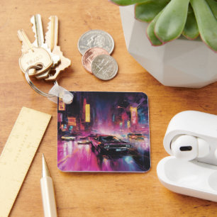Night-time Street Racing in Vibrant City Key Ring