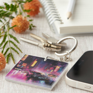 Night-time Street Racing in Vibrant City Key Ring