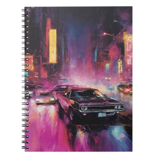 Night-time Street Racing in Vibrant City Notebook (Front)