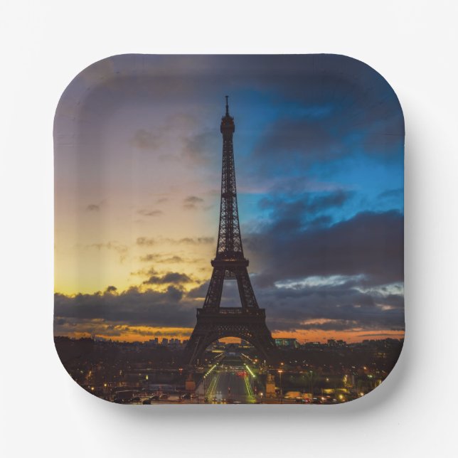 Night to Day over Eiffel tower from Trocadero Paper Plate (Front)
