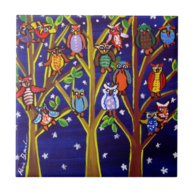 Night Tree Owls Whimsical Folk Art Tile (Front)