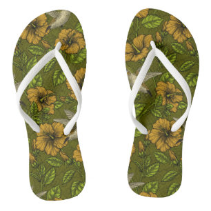 Night tropical garden yellow and green flip flops