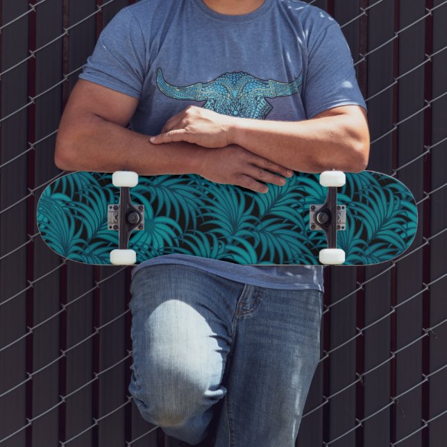 Night Tropical Teal Palm Leaves Skateboard (Outdoor 3)