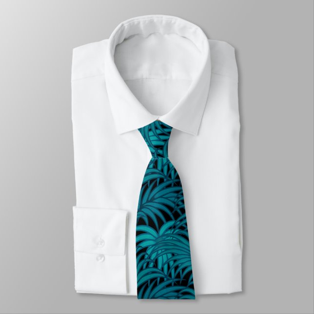 Night Tropical Teal Palm Leaves Tie (Tied)