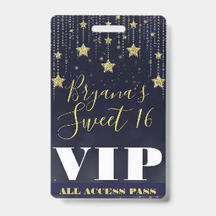 Night under Stars Gold Dark Blue Sweet 16 VIP Pass ID Badge