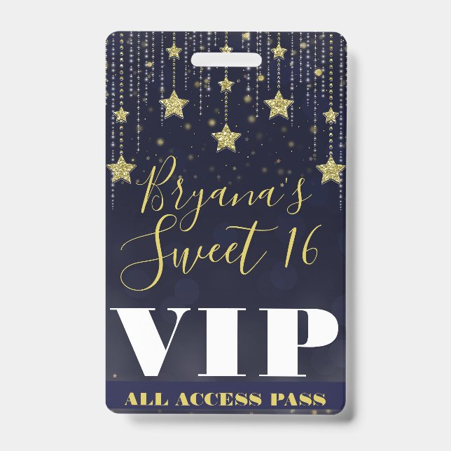 Night under Stars Gold Dark Blue Sweet 16 VIP Pass ID Badge (Front)
