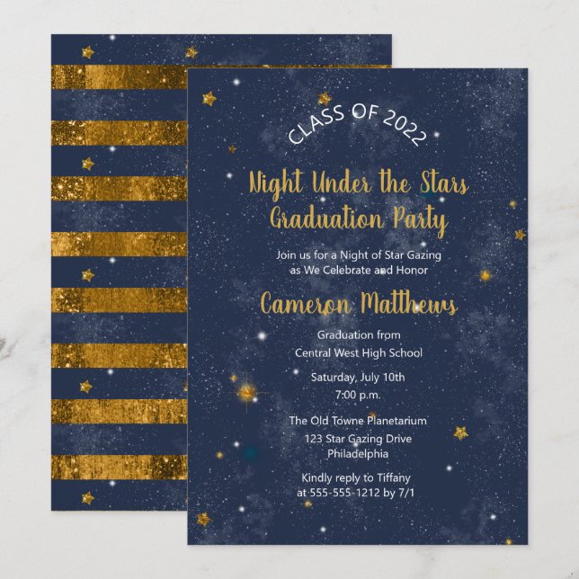 Night Under the Stars Blue | Gold Graduation Party Invitation (Front/Back)