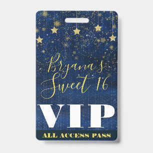 Night under the Stars Gold Blue Sweet 16 VIP Pass ID Badge