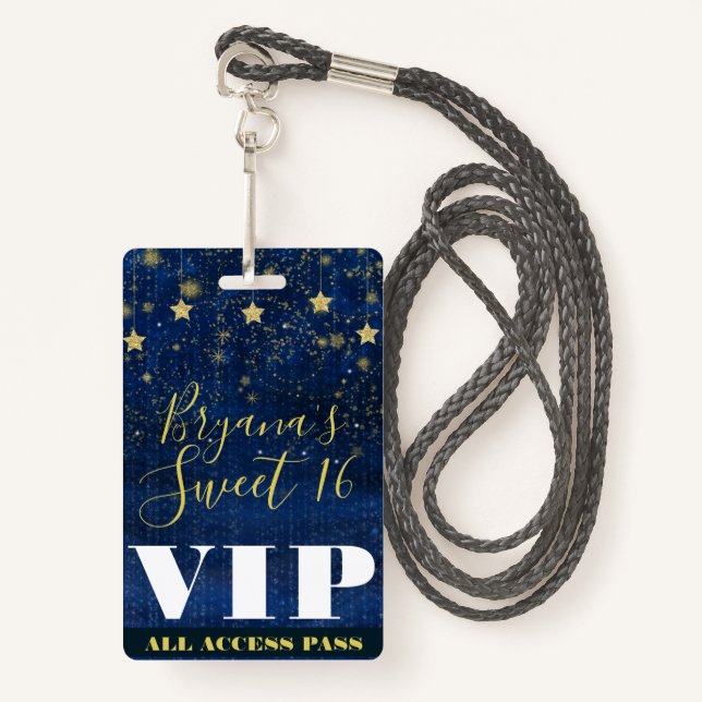 Night under the Stars Gold Blue Sweet 16 VIP Pass ID Badge (Front with Lanyard)