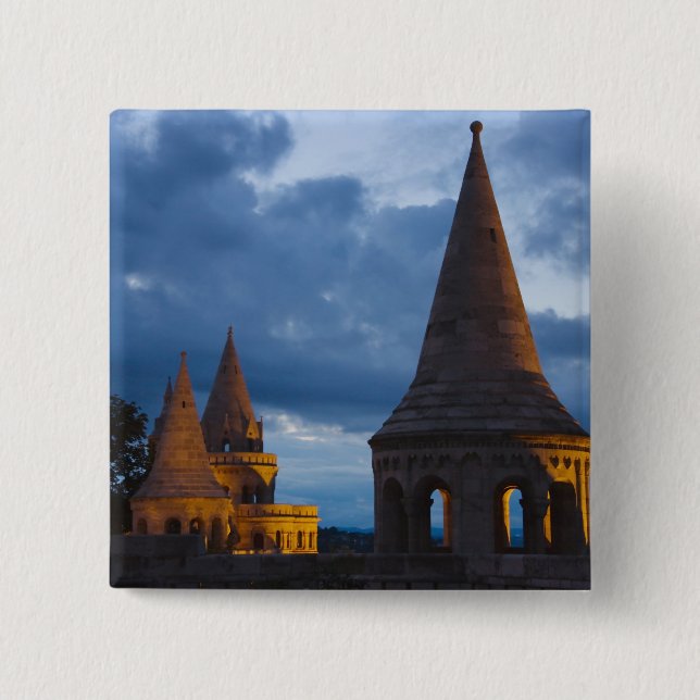 Night view of Fisherman's Bastion, Castle Hil 15 Cm Square Badge (Front)